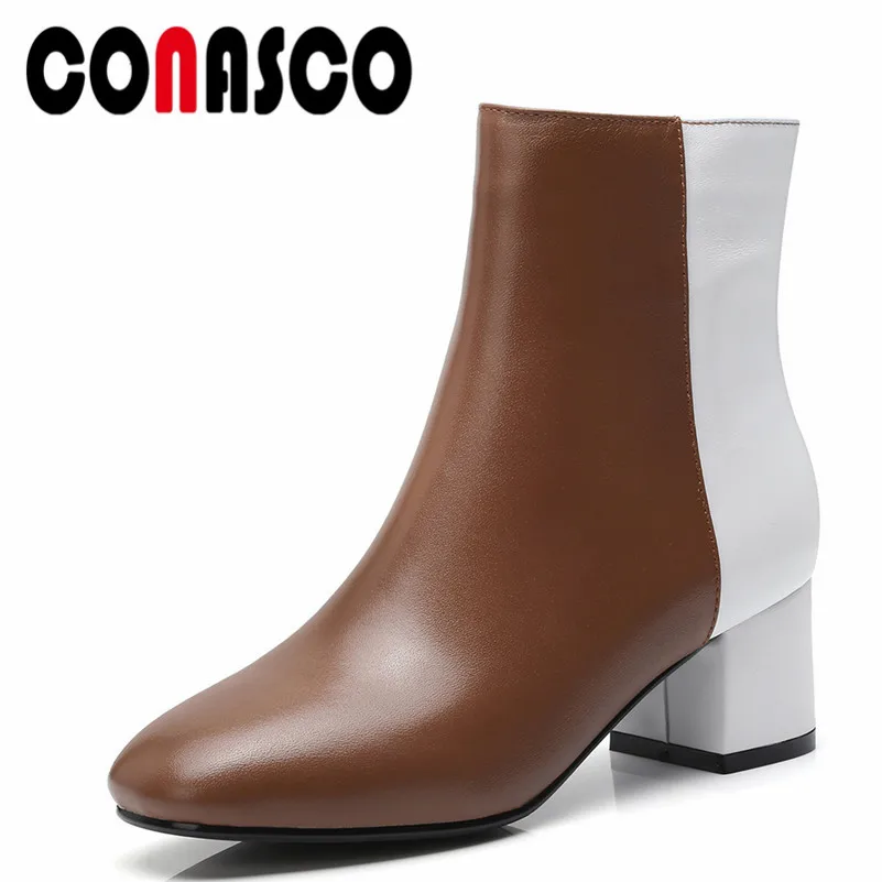 

CONASCO New Arrival Women Ankle Boots Genuine Leather Autumn Winter Warm Basic Boots Elegant Round Toe High Heels Shoes Woman