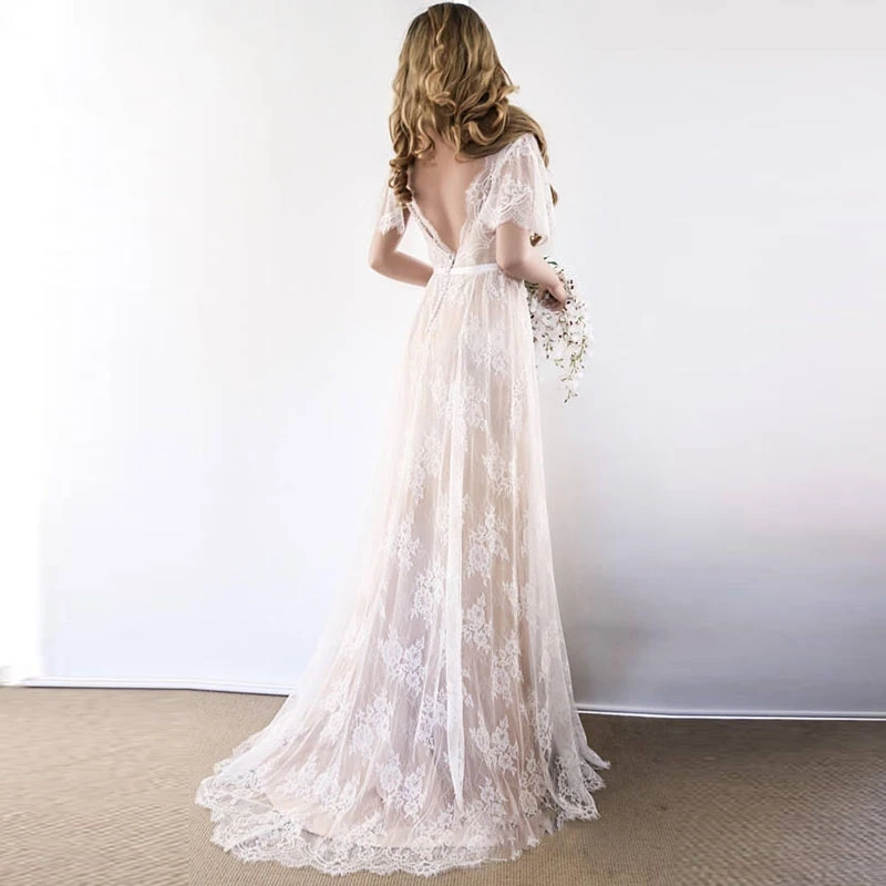 

New Boho Wedding Dress 2020 V Neck Cap Sleeve Lace Beach Wedding Gown Cheap Backless Custom Made Bride Dresses robe de mariage