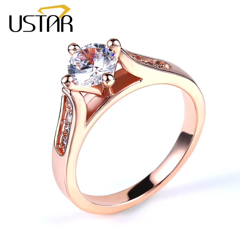 

USTAR Four prong setting Austria Zircon Cirstal Wedding Rings for women Rose Gold color engagement rings female Anel Top Quality