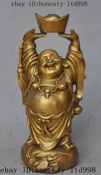 

8" chinese buddhism brass Stand money bag yuanbao wealth Maitreya Buddha statue Garden Decoration 100% real Brass Bronze