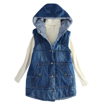 

Women Denim Vest Autumn Fashion New Coat Short Thicken Loose Sleeveless Vest Winter Hooded Large Size Cotton Vest Jacket JIA115