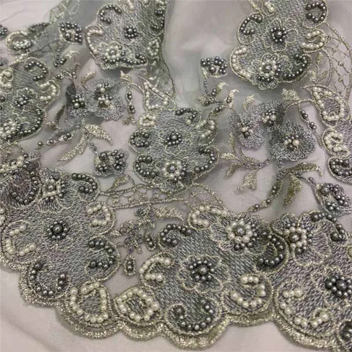 

Wonderful hand-made French net lace fabric nice beaded tulle lace fabric for evening dress HNZ218 (5yards/lot)