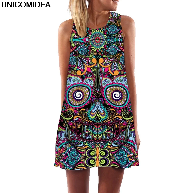

New Colorful Flower Floral Print 3D Dress Women Tunic Sleeveless A Line Mini Party Dress Skeleton Robe Femme Summer Beach Jurken