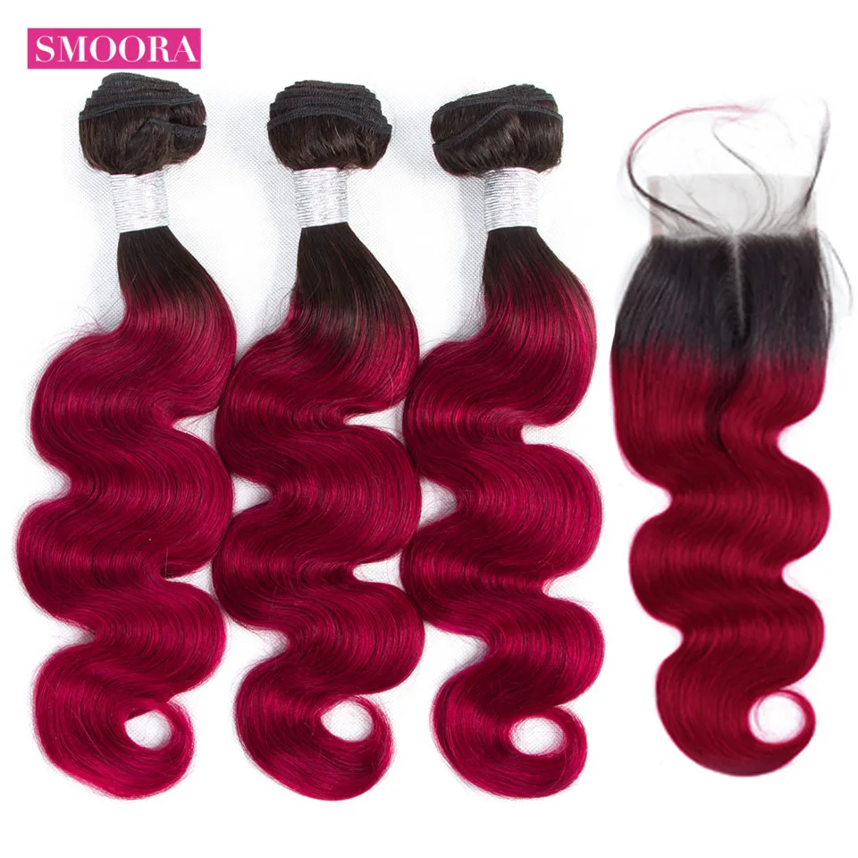 ombre hair 1b Burgundy body wave 3 bundle hair with closure