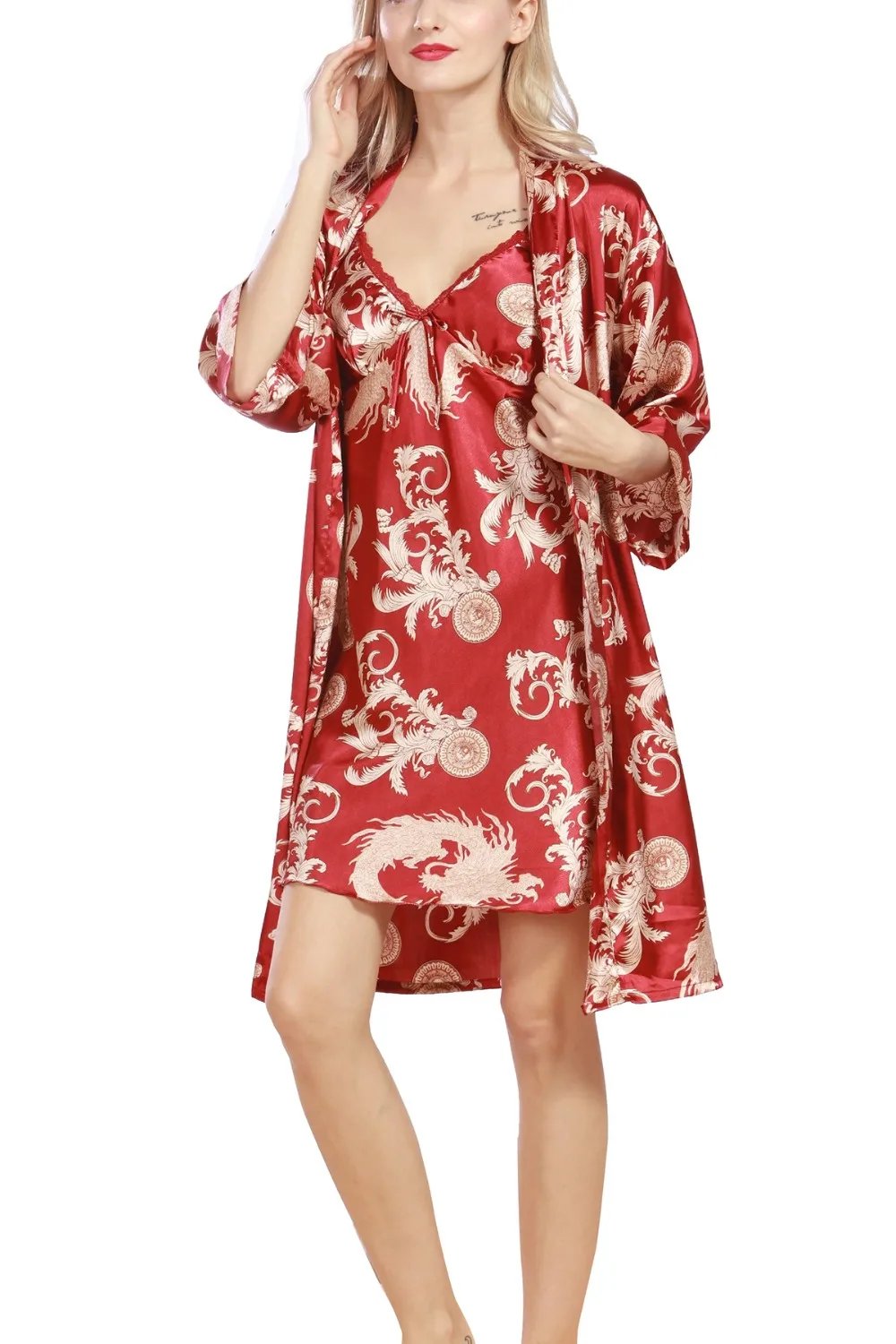 UESEU Women's Sleep Robe Sets Two piece Sling Dress Bathrobes Tracksuit