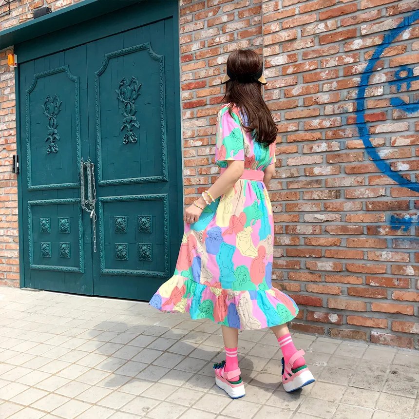 RUGOD Korean chici geometric printed women dress Elegant peter pan collar sweet ladies party dressss vestido Fashion pink dress