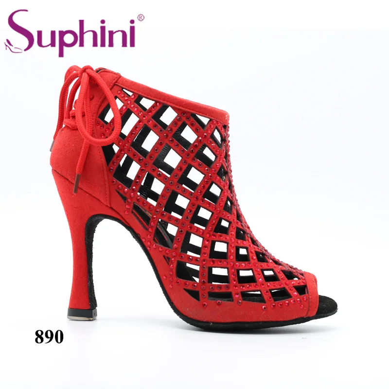 Удобные китайские красное микроволокно танцевальные туфли профессиональные женские бальные латинские танцевальные туфли кожа Красный танго