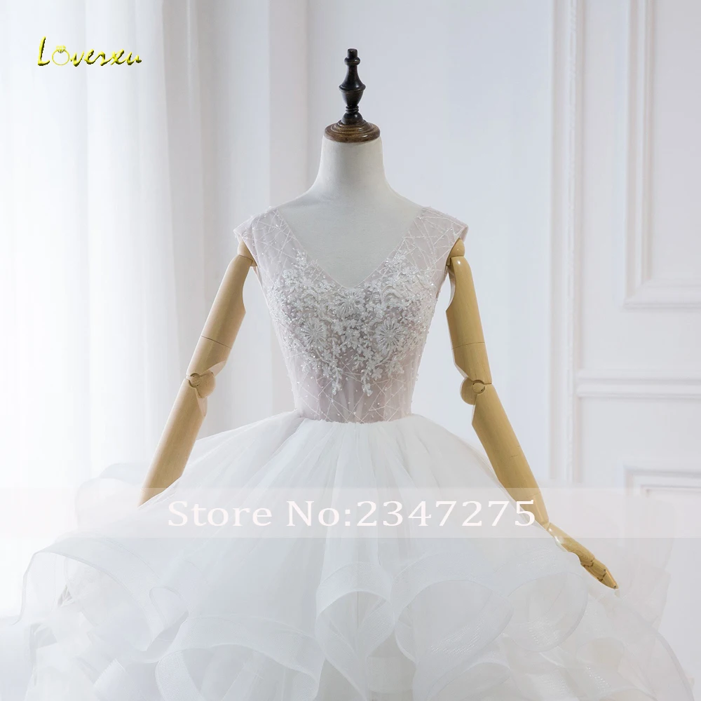 Loverxu Vestido De Noiva, кружевное бальное платье с оборками, свадебное платье, сексуальное, с открытой спиной, с v-образным вырезом, со шлейфом, с аппликацией, свадебное платье с бисером