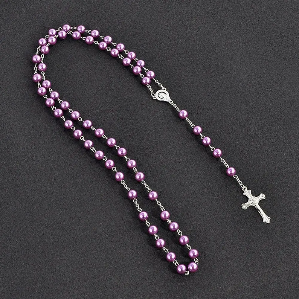 Rosary Handmade Round Glass Imitation Pearl Bead Alloy Cross Pendant Christian Catholic Religious Pendants Necklace