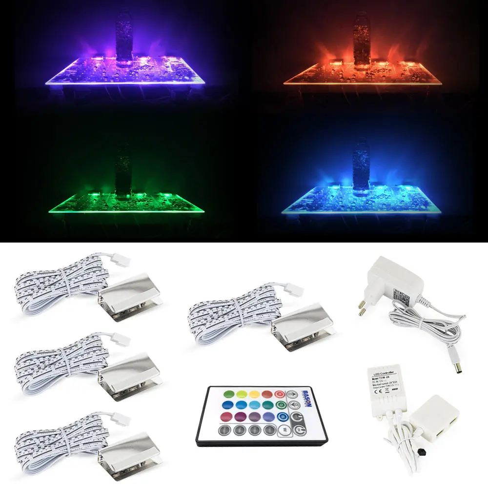 RGB LED Glass Edge Lighting Kit 4pcs RGB LED Glass Shelf Lights+ IR