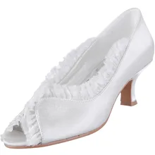 EL-052 White High Heel Shoes Ivory Peep Toe Ruffles 2inch Spool Heel Satin Women Wedding Pumps