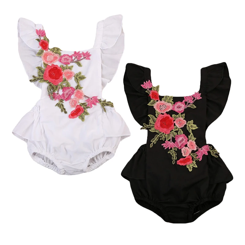 

2017 Babies Embroidered Floral Bodysuit Cute Infant Baby Girl Rose Print Cross Back Bodysuits OutfitsToddler Kids Clothes