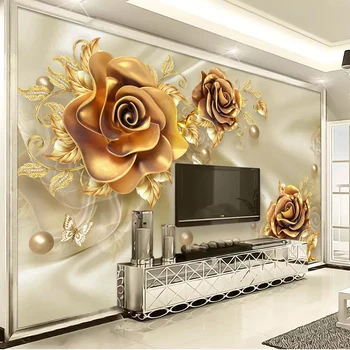 

European Style 3D Luxury Flowers Murals Wallpaper Gold Jewelry Silk Wallpaper Living Room TV Background Wall Painting 3 D Fresco