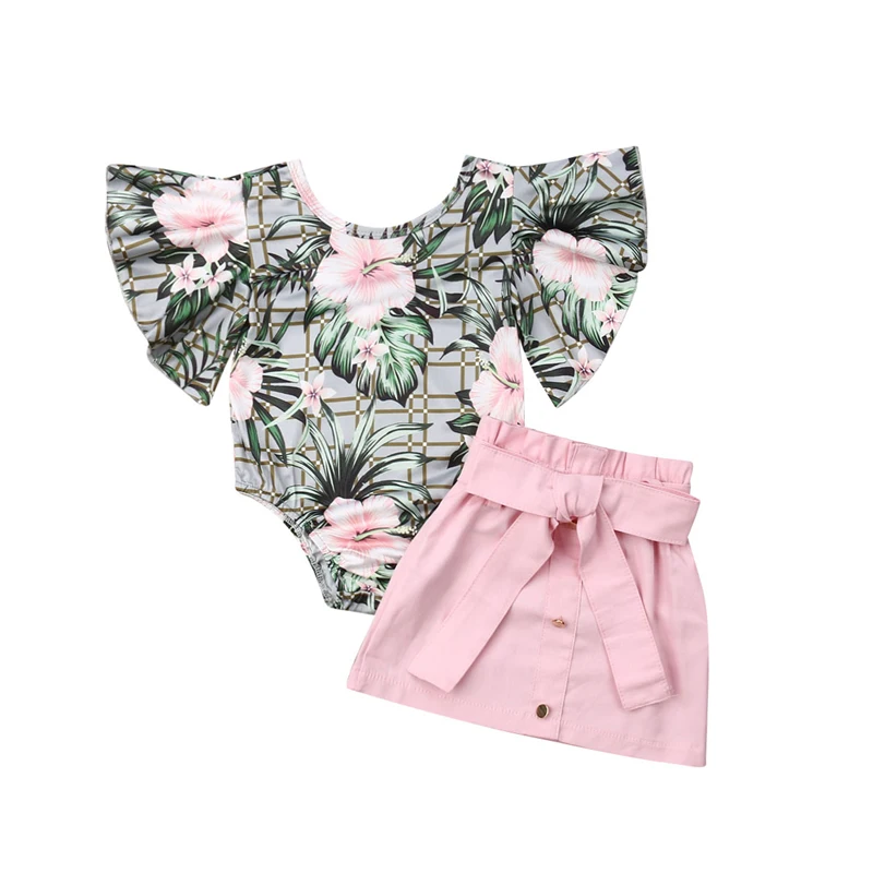 

1-4T Toddler Kid Baby Girl Summer Floral Clothes set Ruffles Flower Body Top Romper Skirt suit Dress set Elegant Outfits