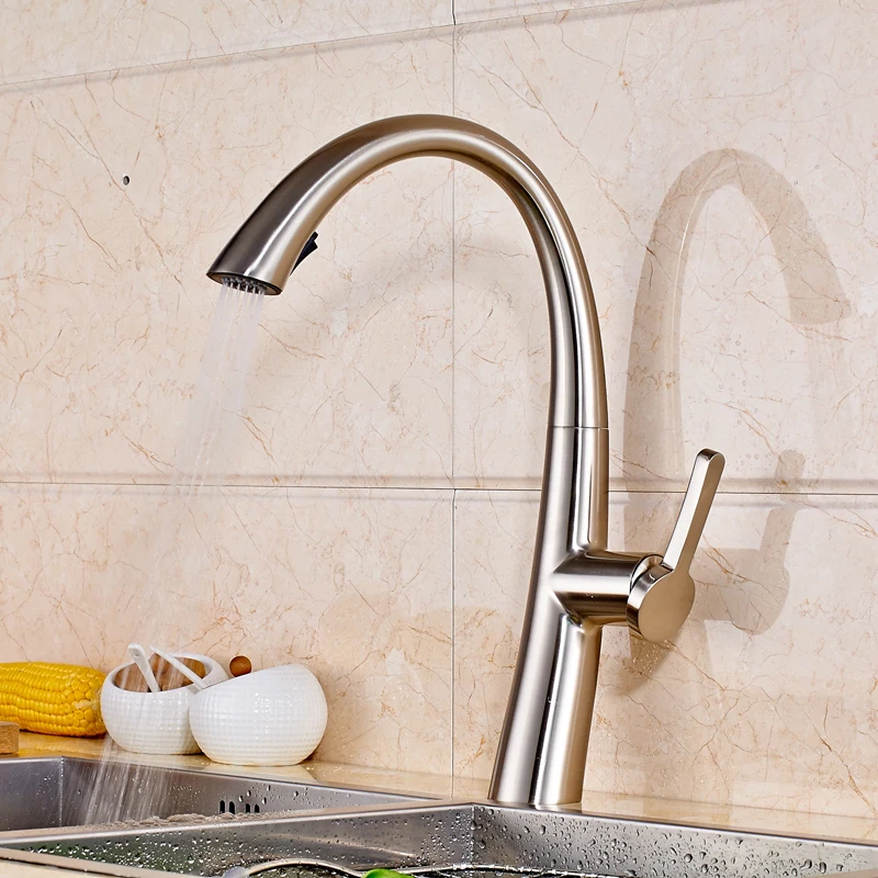 Contemporary Style Swivel Spout Kitchen Sink Faucet Single Handle Pull Out Mixer Tap Nickel Brushed hot sale brushed nickel kitchen faucet spring style swivel spout single handle vessel mixer tap