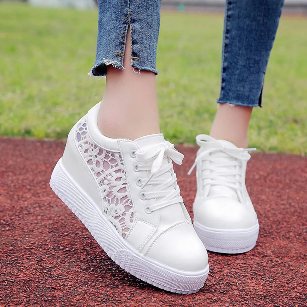 

Lace Increasing Sport Sneakers Classics White Lace Up Mesh Breathable Shoes Woman Non-slip Platform Sneakers Zapatillas Mujer