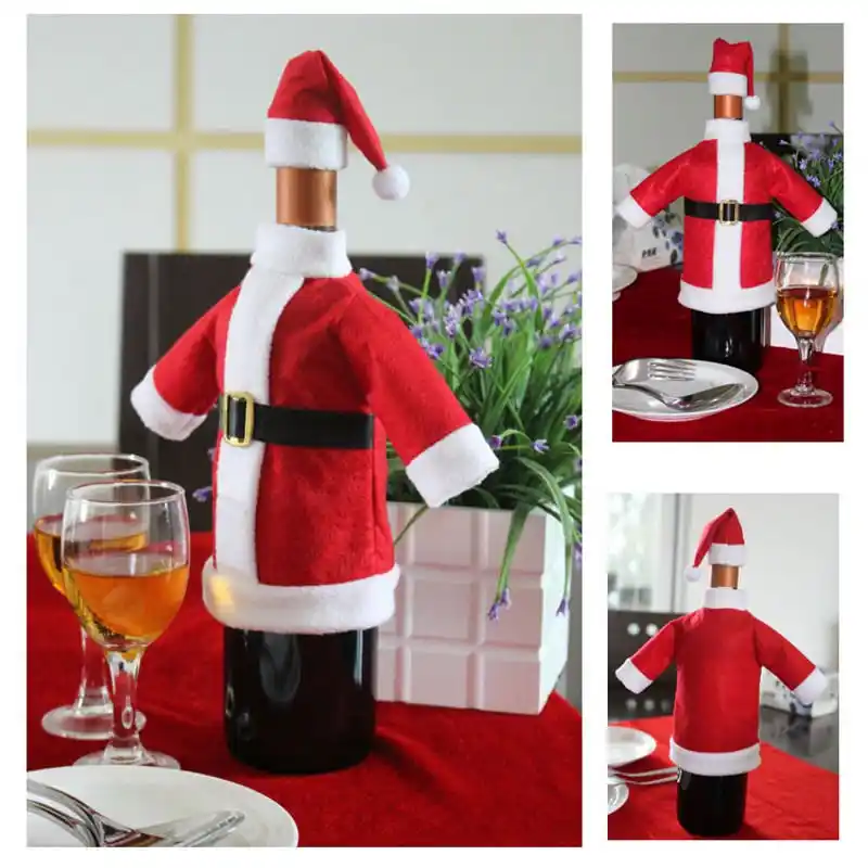 Christmas Santa Suit Hat Wine Bottle Wrap Cover Topper Pouch Bag
