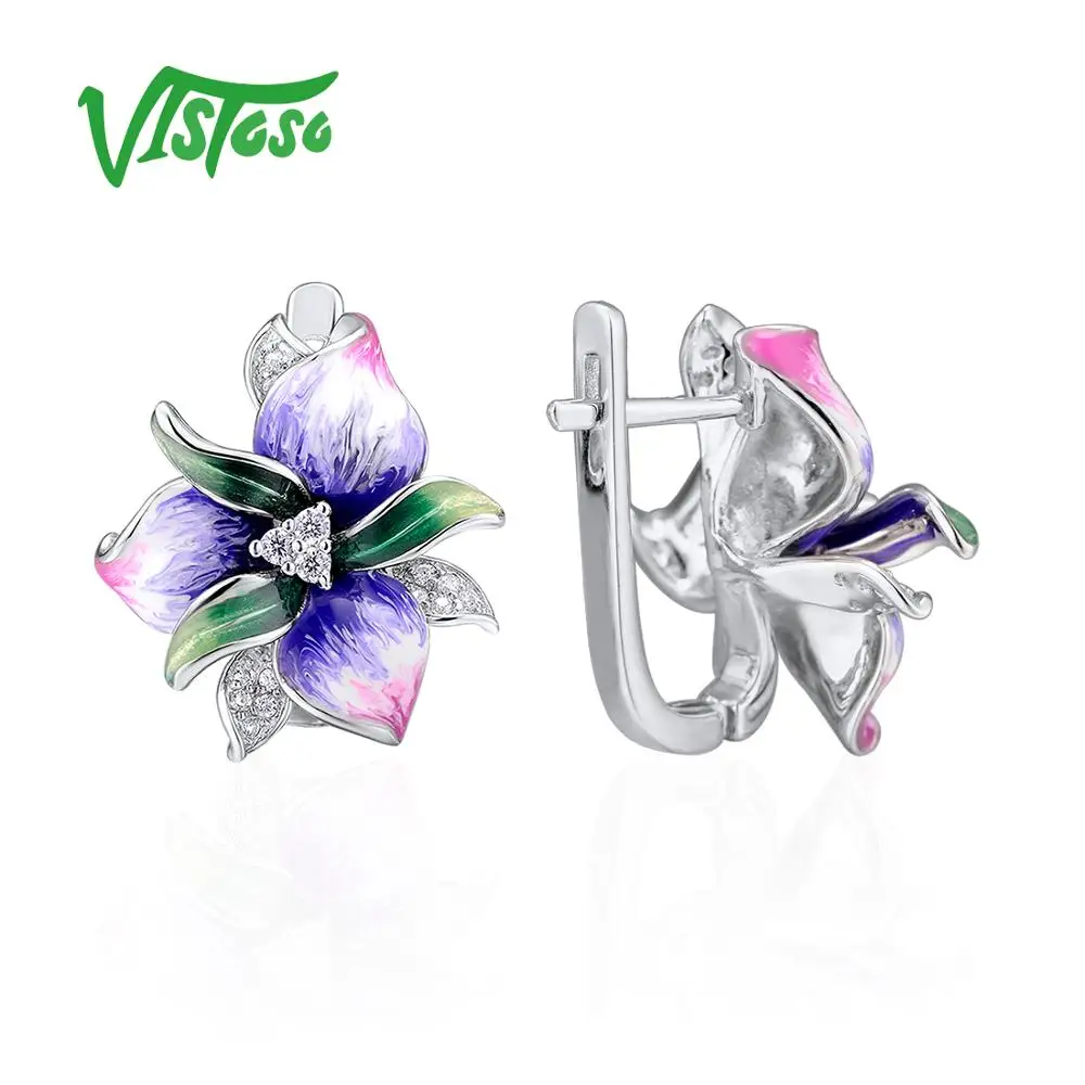 VISTOSO серебряные серьги для женщин розовый цветок шикарные свадебные аксессуары