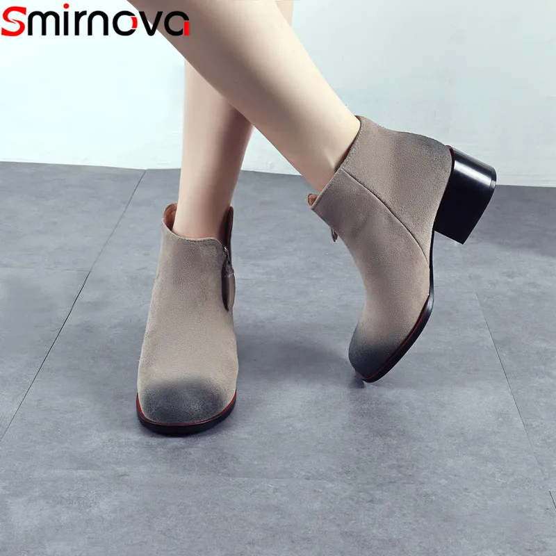 

Smirnova zipper newest 2018 cow suede ladies ankle boots round toe solid square heels high heel boots elegant women boots