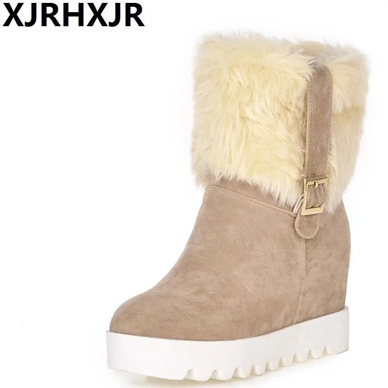 

XJRHXJR Fashion Russia Winter Warm Shoes Woman Round Toe Hidden Heels Keep Warm Fur Boots Ladies Plush Wedges Mid-calf Snow Boot