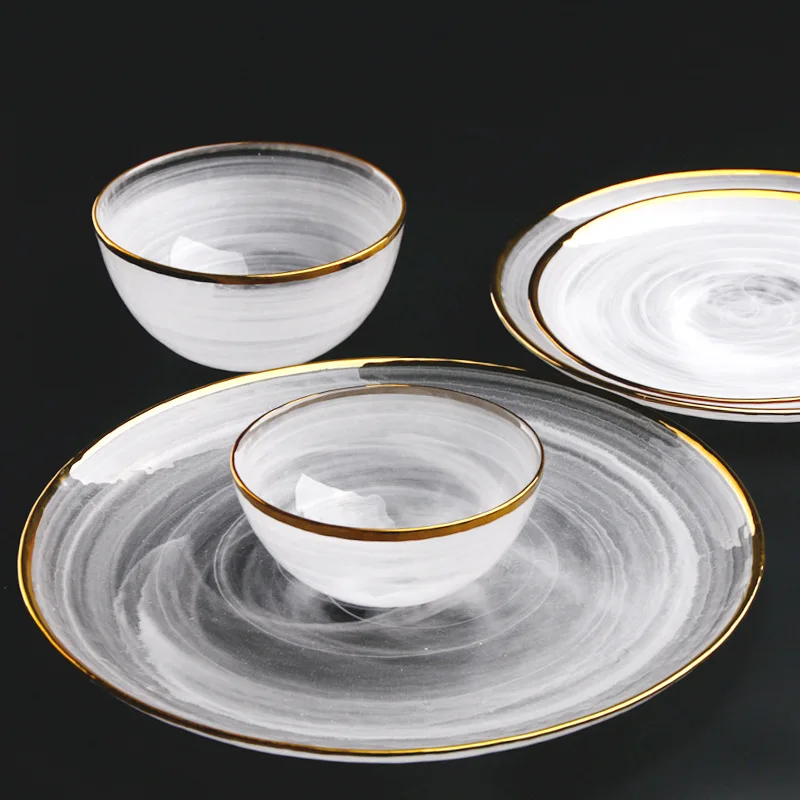 Golden Edge Glass Flat Plate Dinnerware Set, Salad Bowl, Dinner Plate, Mist Side Food Tray, Elegant Glass Tableware, Soup Bowl