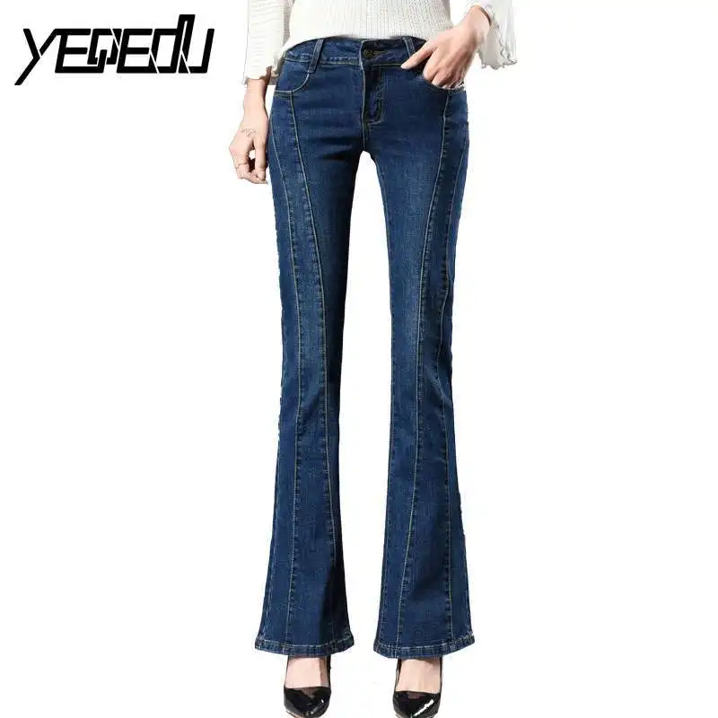 3116 весенние офисные женские элегантные расклешенные джинсы женские, с высокой талией пуш-ап стрейч джинсовая одежда женская элегантная плюс размер 26-40