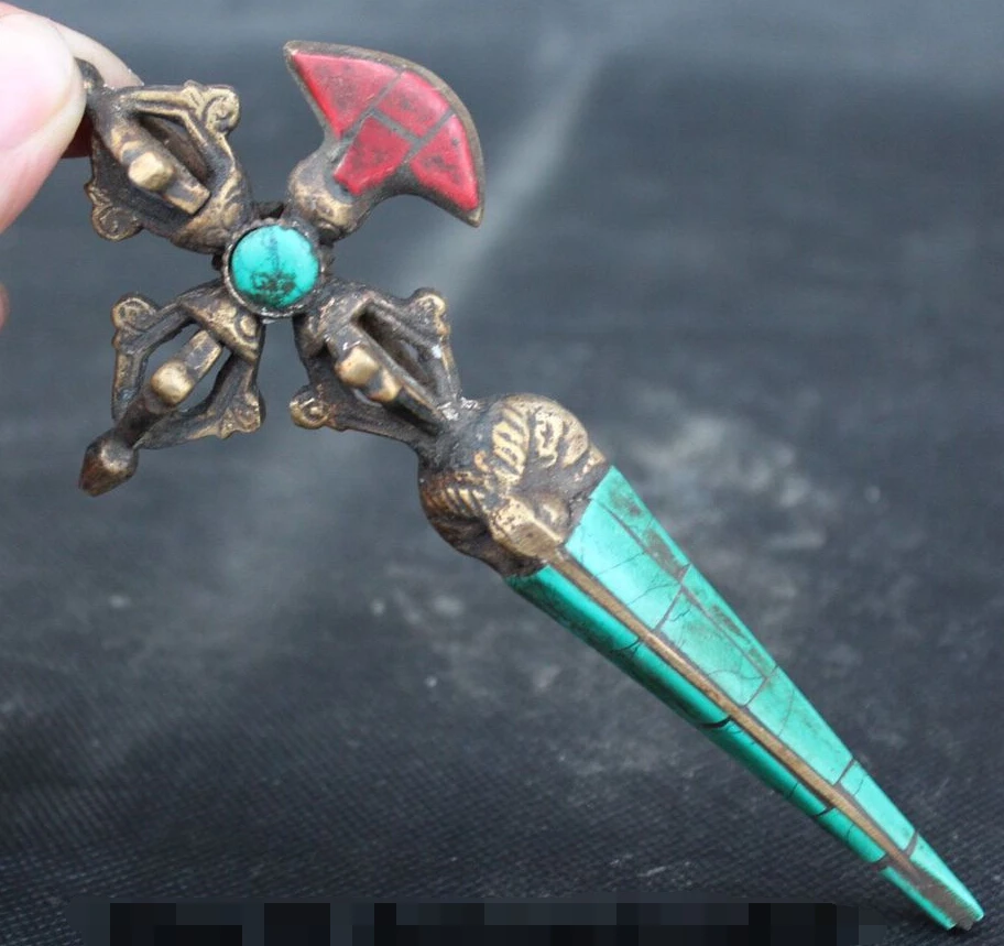 

[old craft ] 6 " Tibet Turquoise Bronze Gilt Protection God Phurba Dagger Holder (A0321)