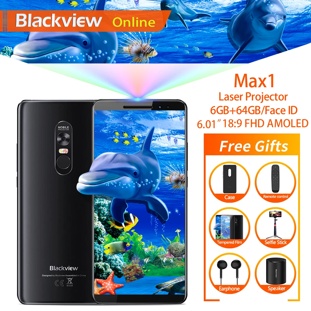 

Blackview MAX 1 6.01" Projector Mobile Phone 6GB+64GB FHD AMOLED Android 8.1 Portable Home Theater Movie Projector 4G Smartphone