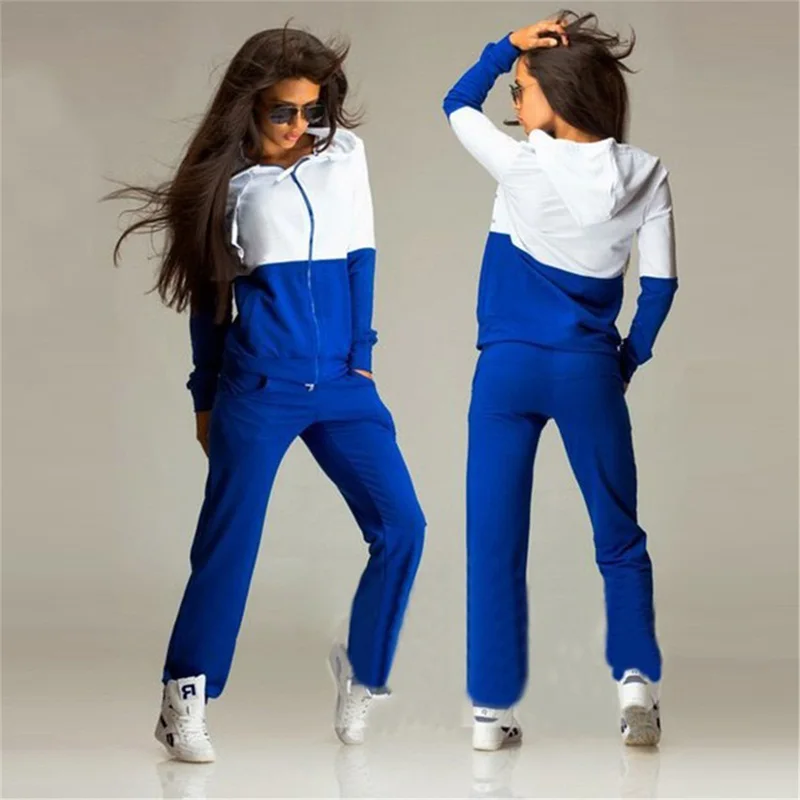 

2 Piece Set Spring Fashion Tracksuit Women Femme Hooded Patchwork Cotton Casual Sportwear Sporting Track Suit Pants