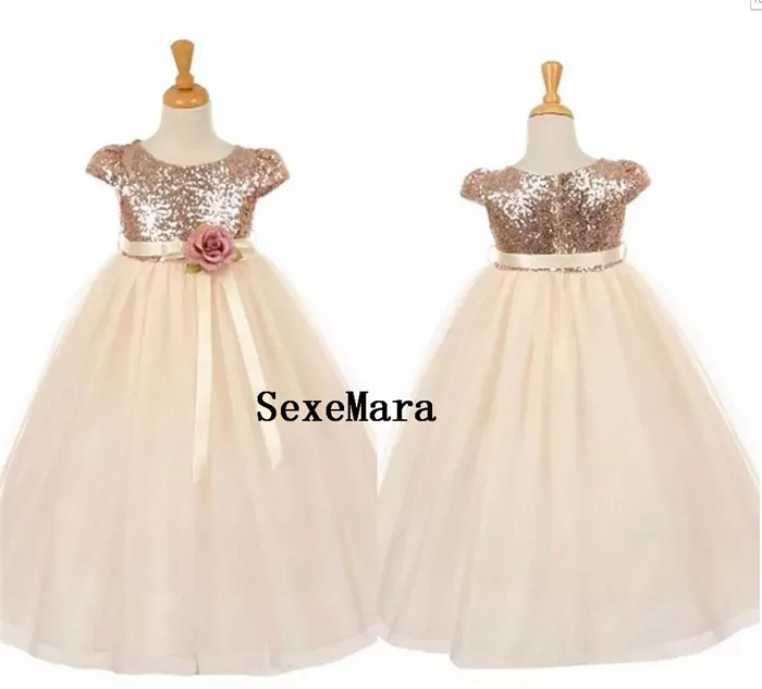 

Real Image Gold Champagne Flower Girl Dresses for Weddings Jewel Sequins Cap Sleeve Modest First Communion Party Dresses for Kid
