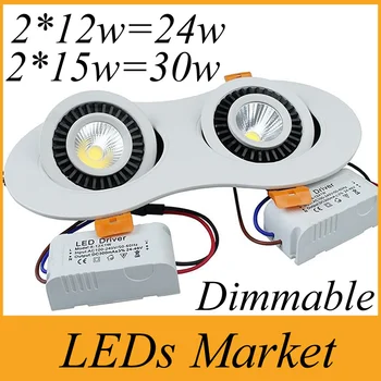 

White shell Dimmable Cob Led Downlight 2*12W 2*15W 24W 30W Led Recessed Ceiling Spot Lights bulb 360degree rotation AC85-265V CE
