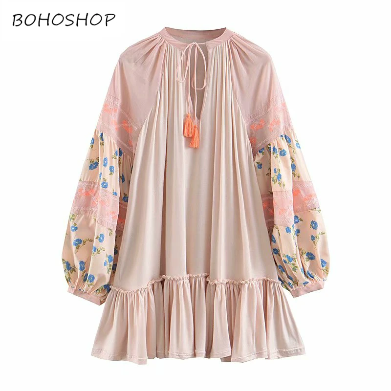 

Vintage Chic women Boho dress lantern sleeve Floral embroidery beach Bohemian mini dress Ladies tassel Summer dress vestidos