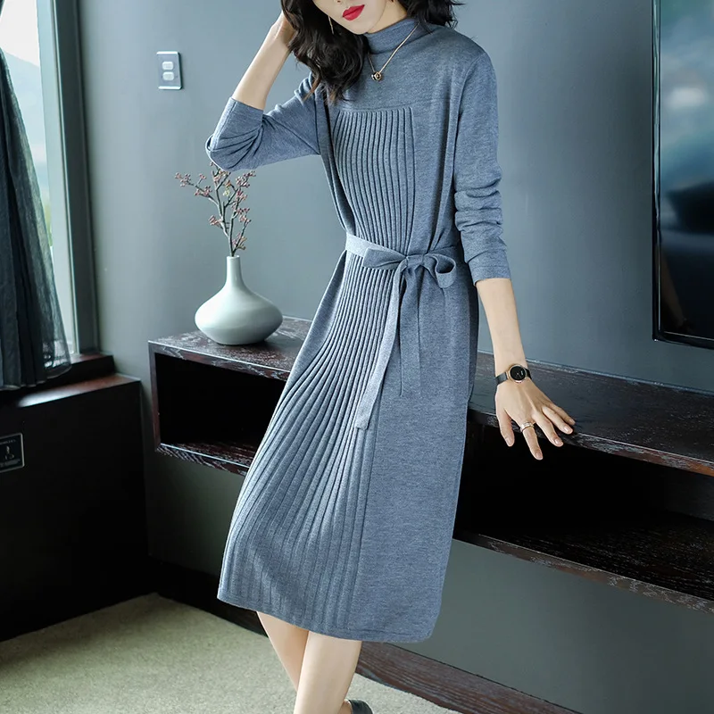 

Women Sweater Dresses Spring Autumn Long Sleeve Knitted Dress Round Neck Draped Design Sweater Dress Elegant Party Lady Dress