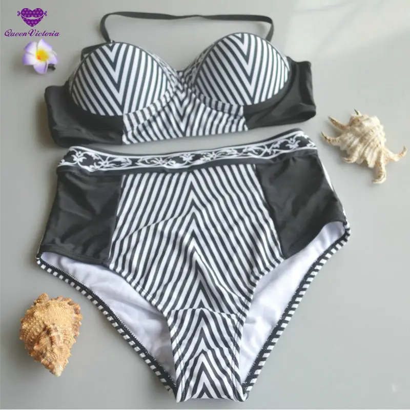 Sexy Women s Swimsuit High Waist Bikinis Set Push up Bra Swimwear Halter Black striped Bathing