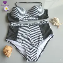 Sexy Women s Swimsuit High Waist Bikinis Set Push up Bra Swimwear Halter Black striped Bathing