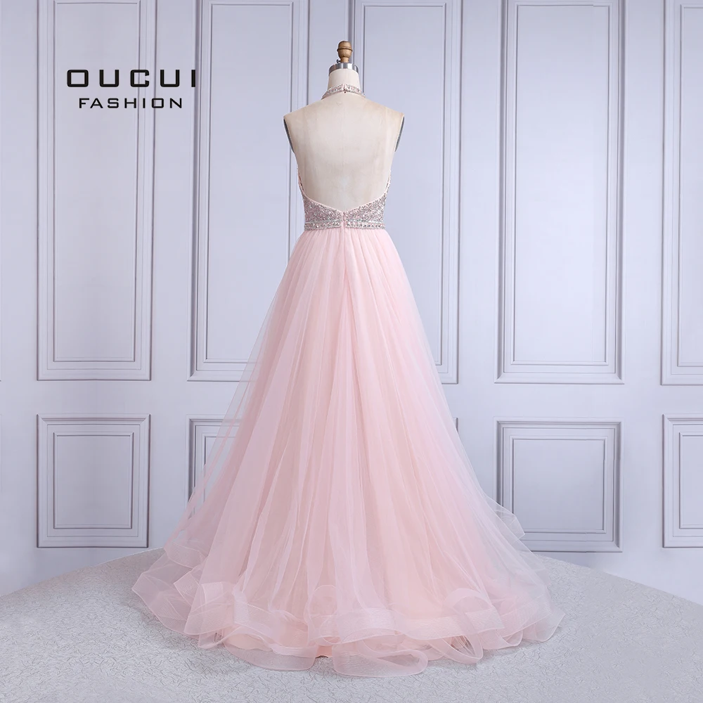 Открытая спина дизайн розовый Холтер Тюль А-силуэт глубокий v-образный вырез без рукавов бисером элегантное платье для выпускного вечера с блестками OL103504