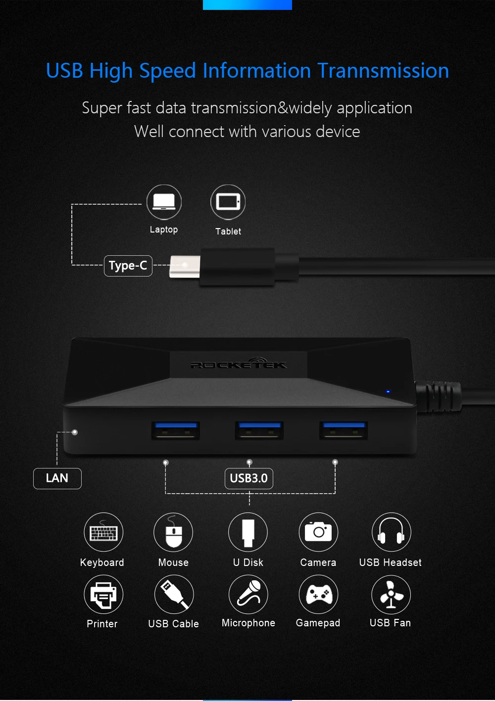 Rocketek usb-хаб гигабитный Ethernet адаптер 1000 Мбит/с type c Hub 3,0 Rj45 Lan для Xiaomi Mi Box 3/S Android tv телеприставка сетевая карта