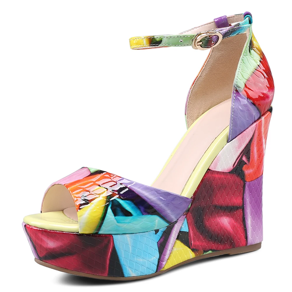 Роскошные брендовые разноцветные туфли из натуральной кожи с принтом; женские летние босоножки на платформе; женская обувь на танкетке