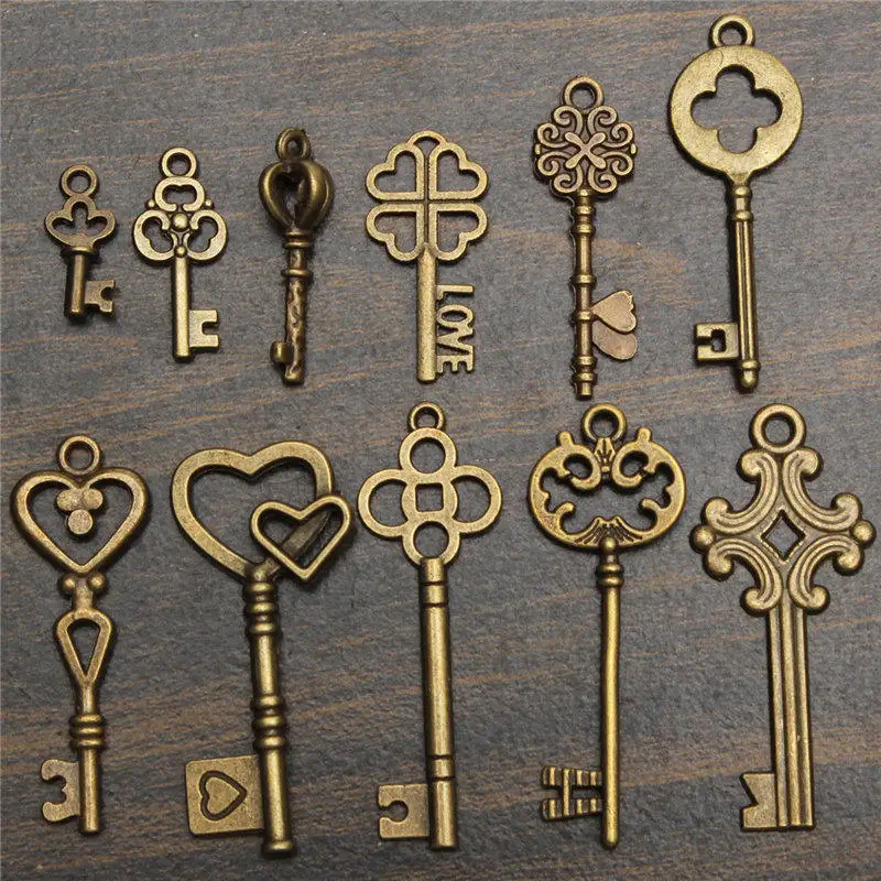 KiWarm Dedicate Set 11Pcs Antique Vintage Old Look Bronze Skeleton Keys Fancy Heart Bow Pendant DIY Decor Metal Crafts ► Photo 3/6