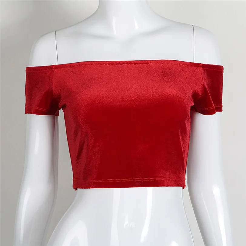 strapless tshirt women 2018 vintage velvet t-shirt streetwear women crop top tee shirt femme manche courte wholesale noJE20 (6)