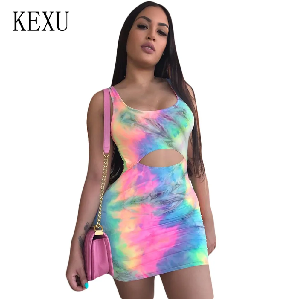 

KEXU Fashion Tie Dyed Print Sexy Hollow Out Sleeveless Slim Dress Female Summer Elegant Vintage Mini Dress Ladies Ropa Mujer