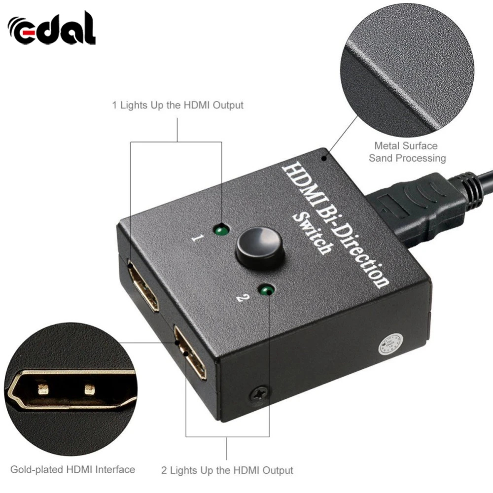 

HDMI Switcher 2 Ports Bi-direction Manual Switch 2 x 1 HDMI Hub-HDCP Passthrough-Supports Ultra HD 4K 1080P HDMI Converters