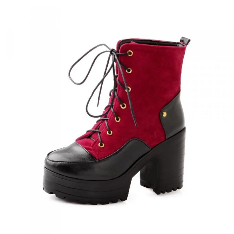 

New Women Ankle Boots Fashion Fur Thick Heel with Color Matching Knight Boots Winter Lace-up Round Head Warm Snow Boots Female