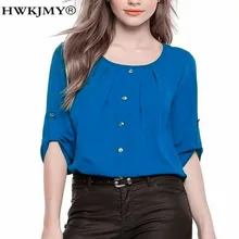 

HWKJMY Women Blouses New Fashion Womens Chiffon O-Neck Long Sleeve Shirts Button Tops Plus Size XS-5XL