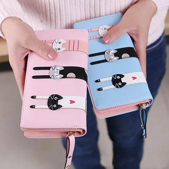 Fashion Brand Lovely Women Cute Cartoon Cat Wallet PU Leather Long Coin Purse Female Card Holder Wa
