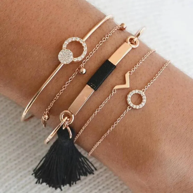 

DIEZI Dropshipping Vintage Cuff Bangle Chain Tassel Bracelets Sets For Women Round Rhinestone Bracelets 2019 Jewelry Gifts