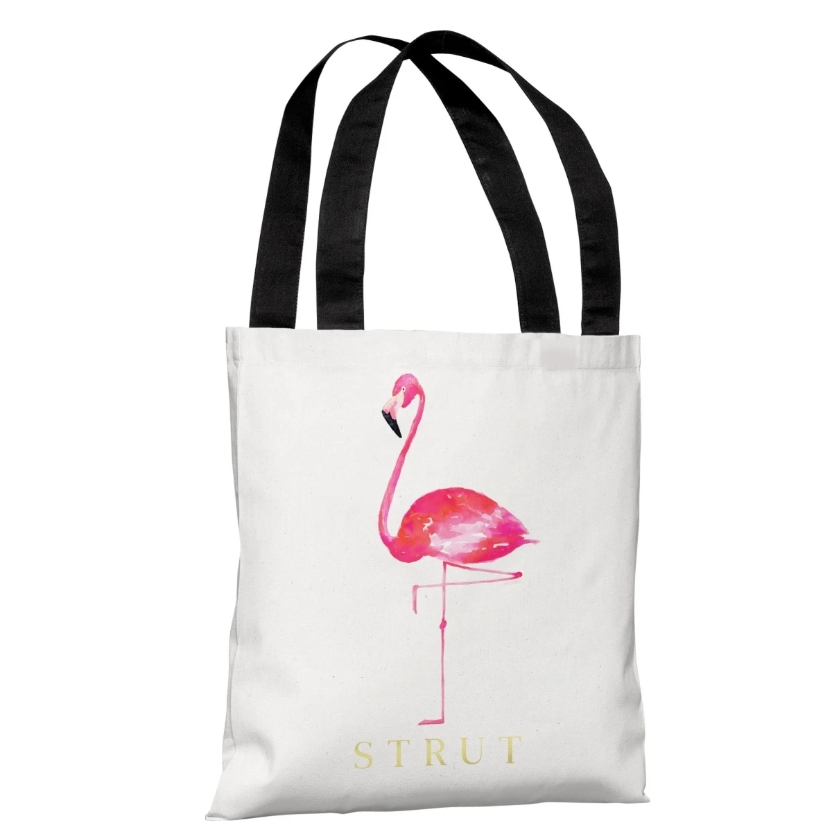 One Bella Casa 74440TT18P 18 in. Flamingo Strut Polyester Tote Bag by lezleeelliot - White Pink