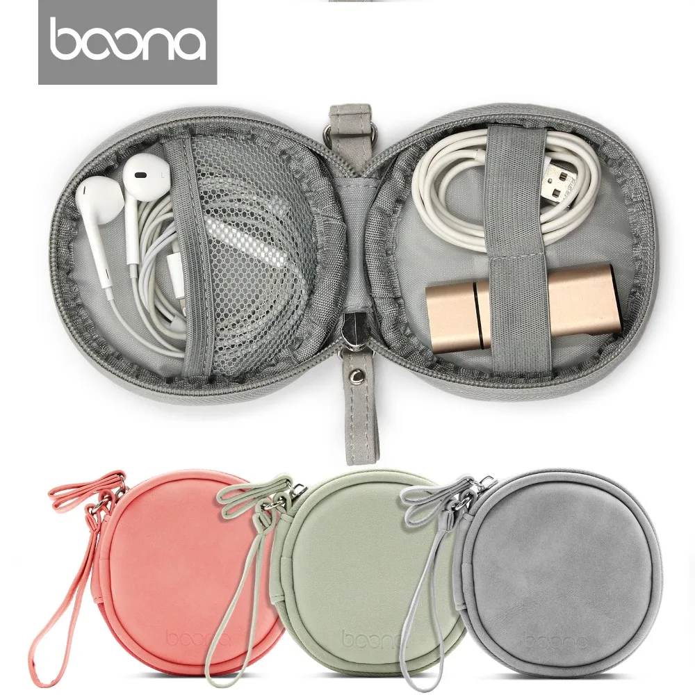 Boona PU Round Earphone Case Bag Portable Earphone Earbuds Box Storage