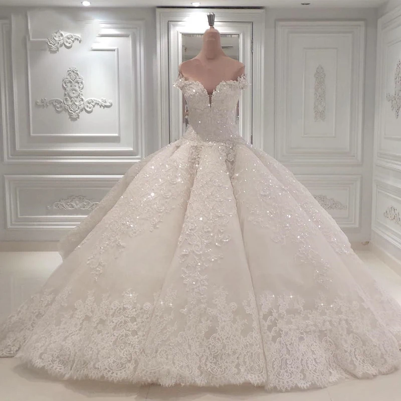 

Luxury Dubai Lace Wedding Dresses Sparkle Beaded Crystal Lace Bridal Gowns Arabic Illusion Back Vestido De Noiva Casamento