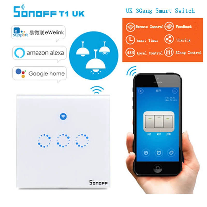 Sonoff T1 UK Wall Touch Light Switch 3CH Smart WiFi RF 86 Type Smart Home Automation Module